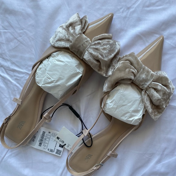 Zara Patent Pointed toe Flat Slingback Shoes Velvet Bow Tan 6.5 37 NWT - Picture 13 of 15